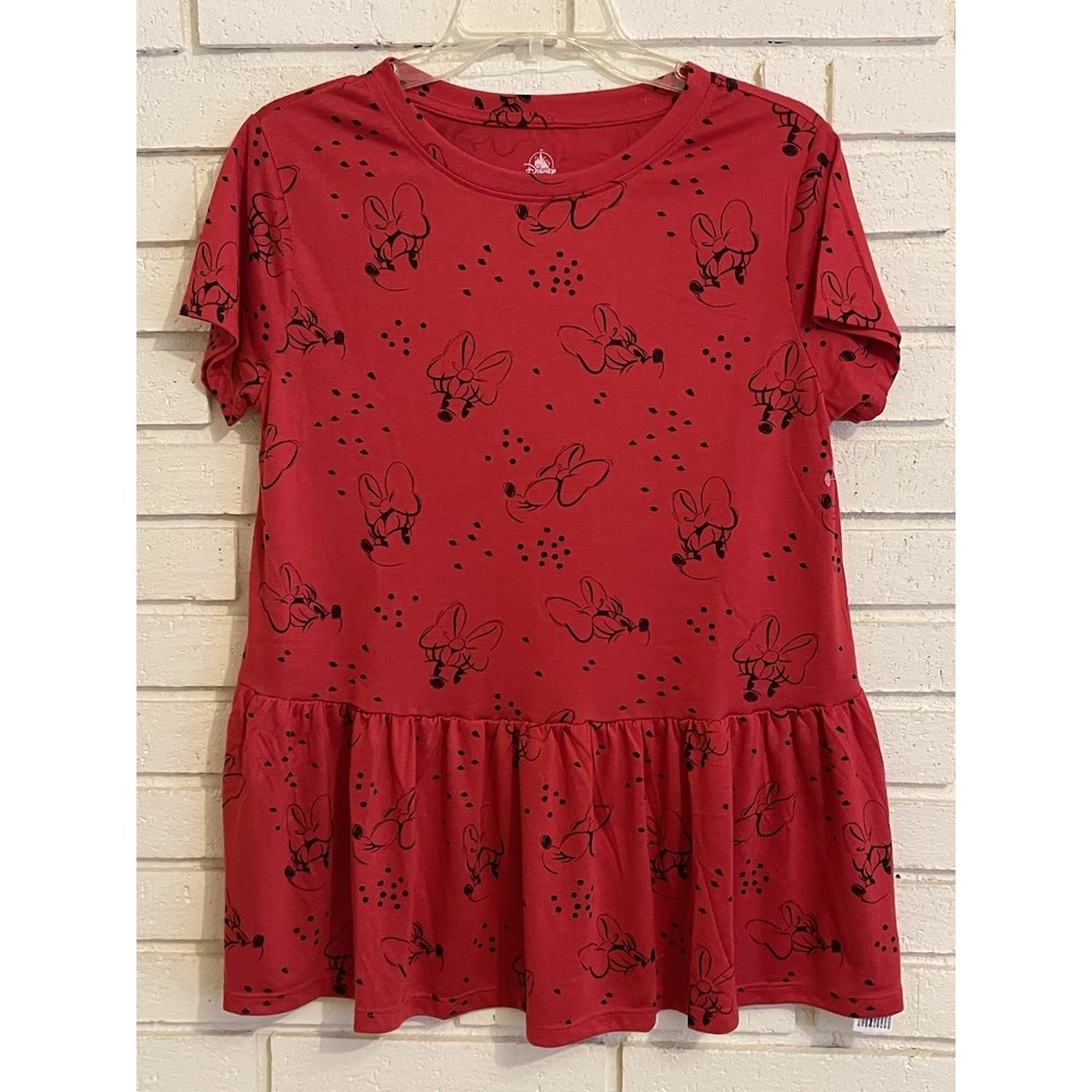 Disney Parks Women's Minnie Mouse Red & Black Bottom Ruffle Tee Sz Small NWOT